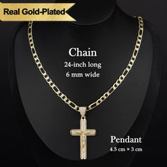 Holylegend 14k Real Gold-Plated Cuban , Figaro, Miami Cross with Jesus Christ Crucifix,24 inches Long and 6mm Wide,Handcrafted Polishing and Multiple Electroplating